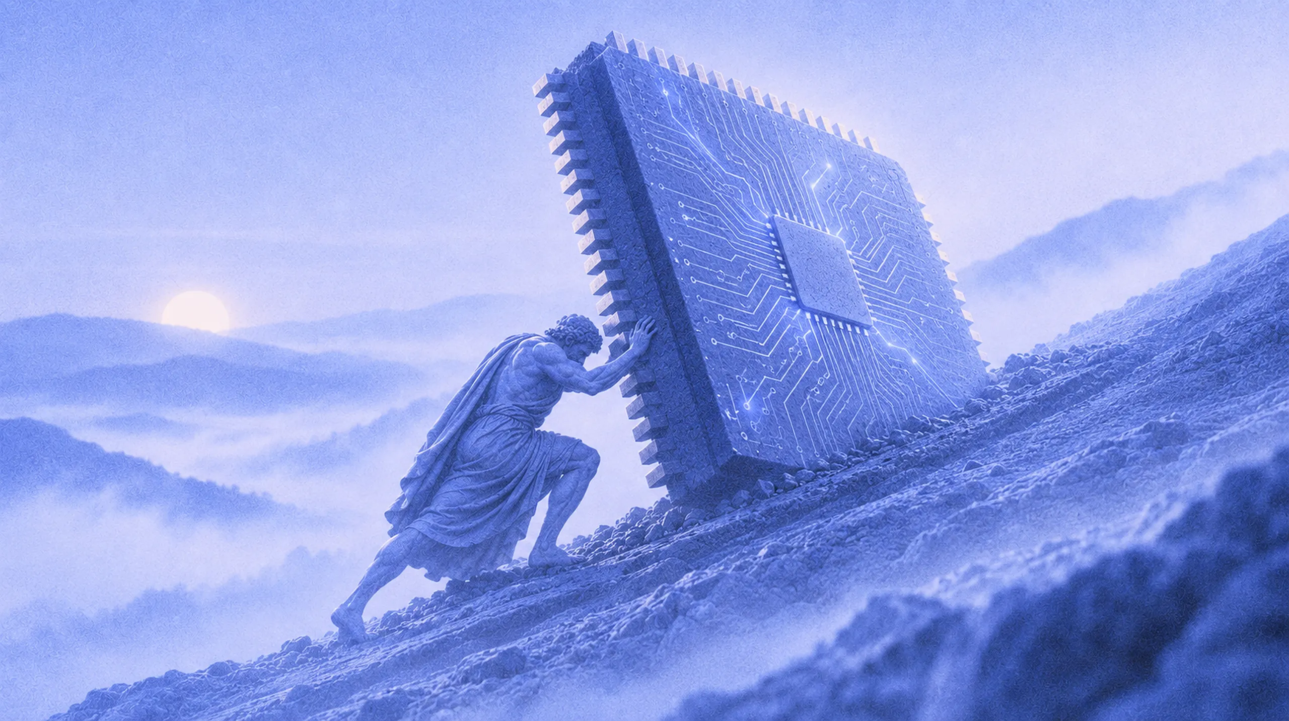 A figure strains to push a colossal circuit-board chip up a mountainside, a metaphor for a business repeating the same work without a lasting system.